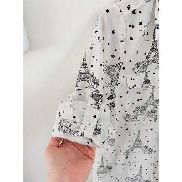 Karl Lagerfeld Paris Eiffel Tower Button Up Top Small White Crepe Roll Tab - Picture 7 of 10